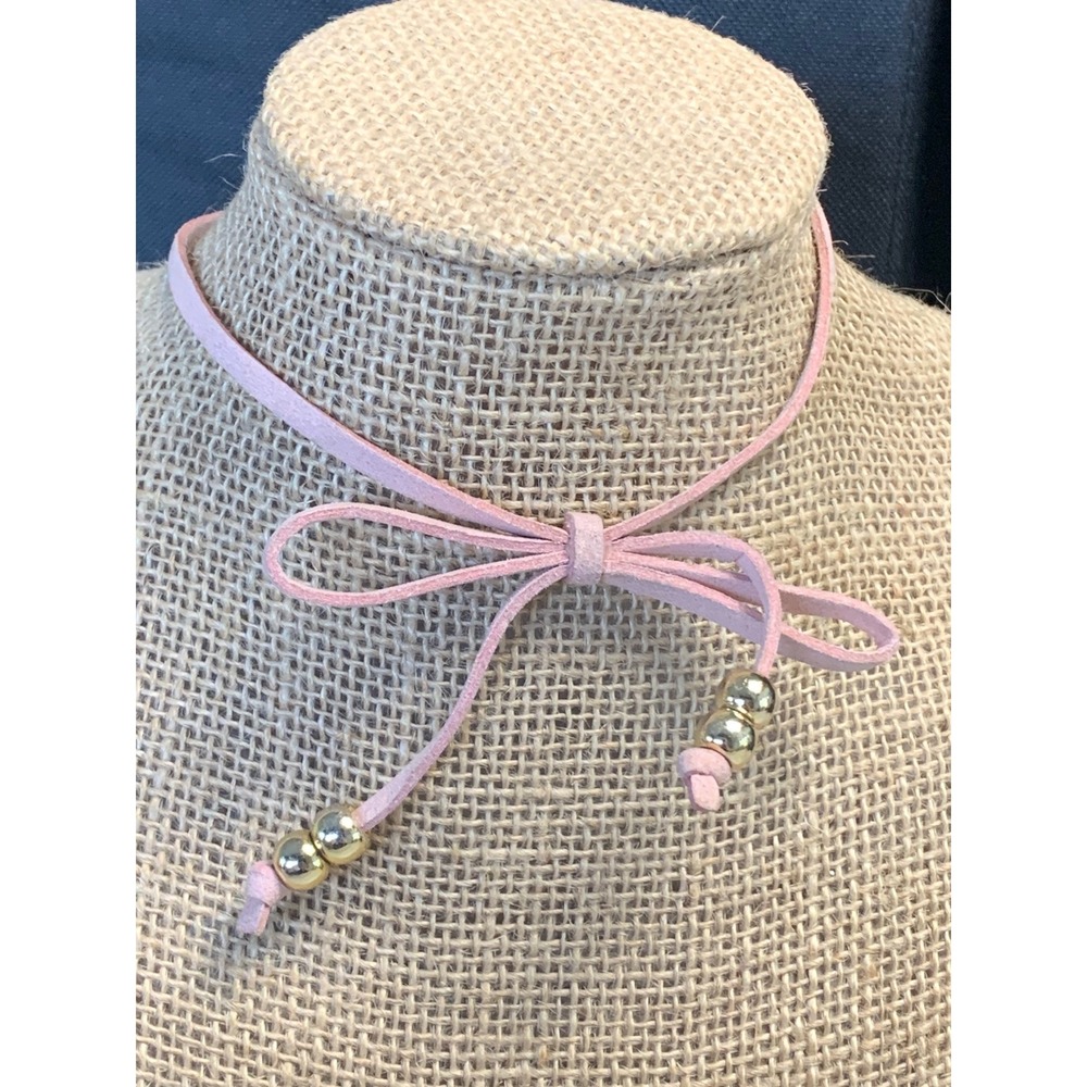 Pink Faux Suede Bow Choker Necklace Gold Bead Accents Adjustable 16 Inch